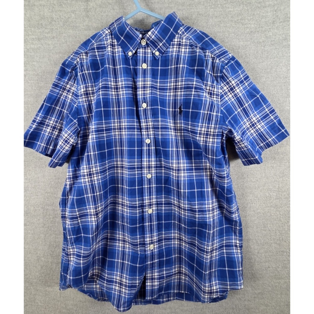 Polo Ralph Lauren Boys L Natural Stretch Shirt Blue Plaid Short Sleeve Pony Logo